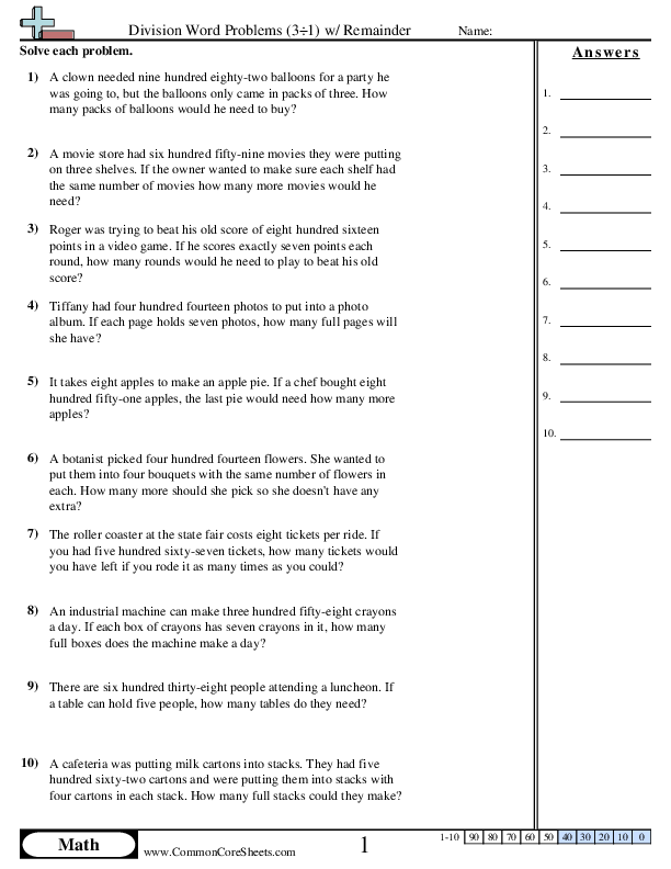 Division Worksheets - 3 ÷ 1 (With Remainder) worksheet